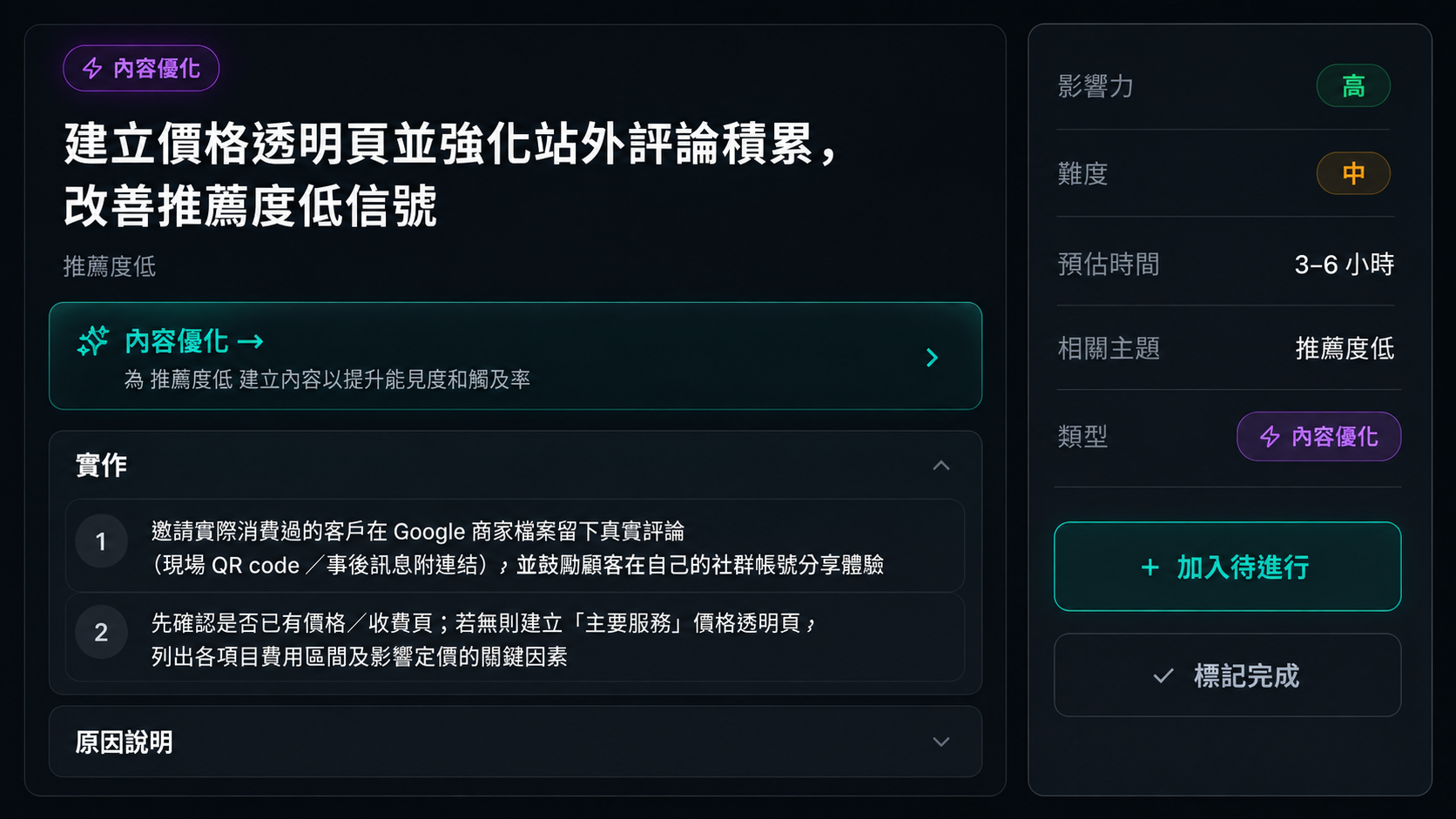 優化建議列表:PR 拓展與 Schema 技術建議卡